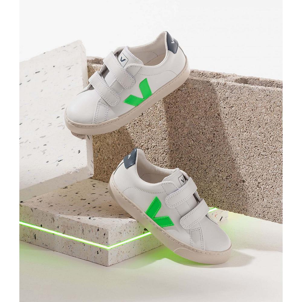 White/Green Kids' Veja ESPLAR LEATHER Sneakers | AU 816EBC